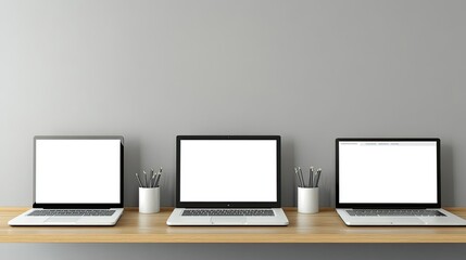 Minimalistic Laptop Mockups on Wooden Desks Against Gray Walls Generative AI
