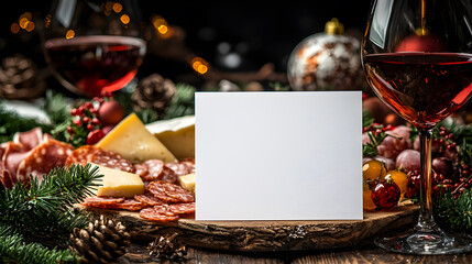 A white card sits on a wooden board with a variety of food and wine