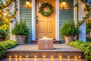 Online Shopping Package Delivery at a Residential Home Doorstep with Bokeh Background Effect, Highlighting Convenience and Modern Lifestyle in E-commerce