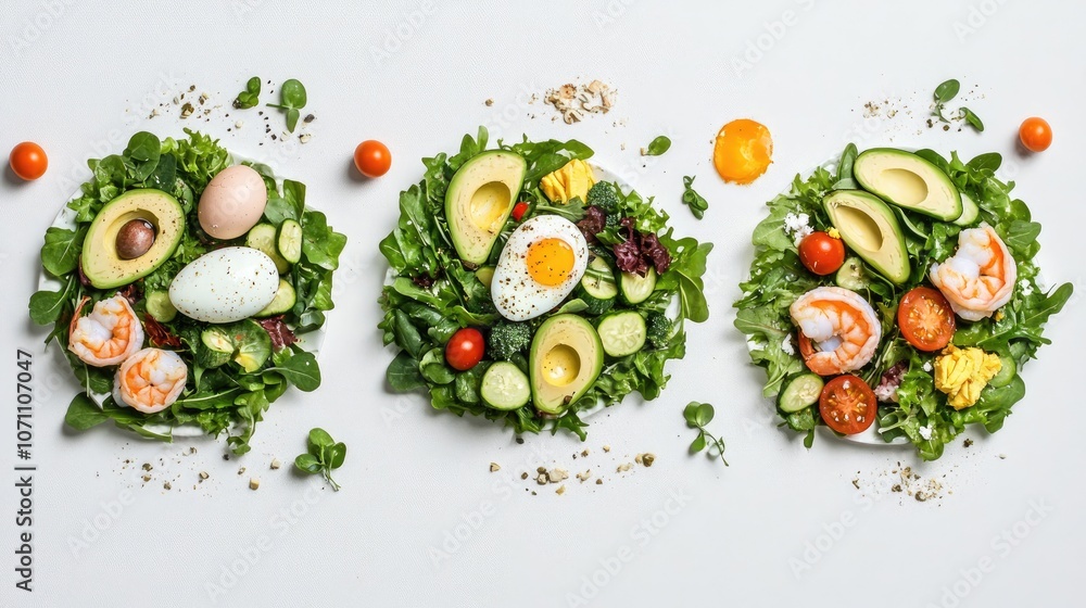 Poster fresh salads with avocados shrimp and eggs on a white table generative ai