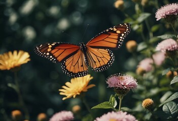 Fototapeta premium A group of striking butterflies dances gracefully around blooming flowers in a colorful garden. The bright blossoms create a lively atmosphere under the warm sunlight. Generative AI