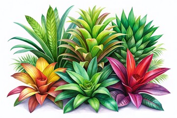 Fototapeta premium Panoramic Tropical Bromeliad Leaves in Lush Jungle Greenery - Exotic Home Plant Clipart with Realistic Watercolor Botanical Illustration on White Background