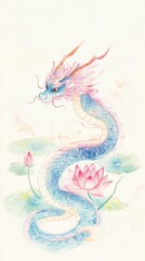 Naklejka premium Elegant Dragon Floating Above Lotus Pond