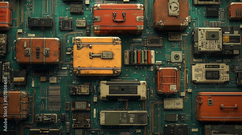 Poster vintage suitcases arranged on a circuit board with various electronic components.