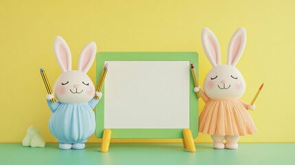 Obraz premium Cute Bunny Rabbits Holding Pencils Beside Blank Whiteboard