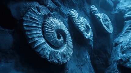 Fossilized Ammonites on Rocky Surface in Blue Light
