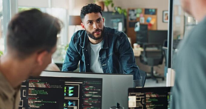 Collaboration, computer screen and software development with business people in office together. Coding, conversation and discussion with programming team reading machine language in workplace