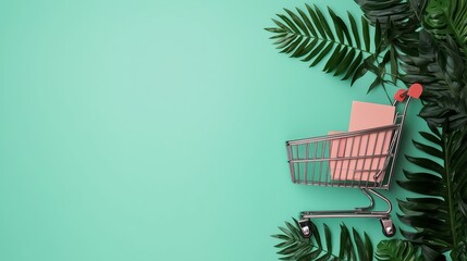 Shopping Cart with Palm Leaves on Turquoise Background
