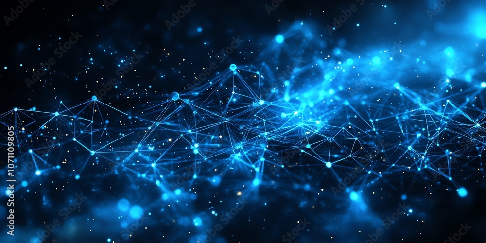 Poster abstract blue digital network with glowing connections and particles on a black background.
