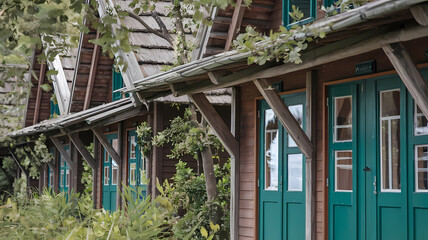 Fototapeta premium Charming wooden cottages with green doors and thatched roofs, surrounded by lush greenery, offering a cozy and inviting atmosphere for a peaceful retreat in nature.