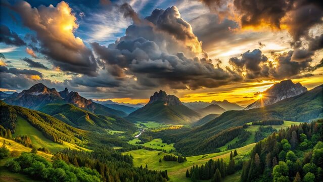 Panoramic View of Dramatic 'Drapanie' Landscape with Majestic Mountains, Lush Green Valleys, and Cloudy Sky Capturing the Essence of Nature's Beauty in a Wide-Angle Perspective