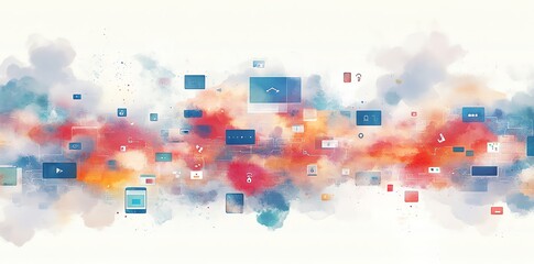 Abstract watercolor background with digital icons representing internet, social media, and technology.