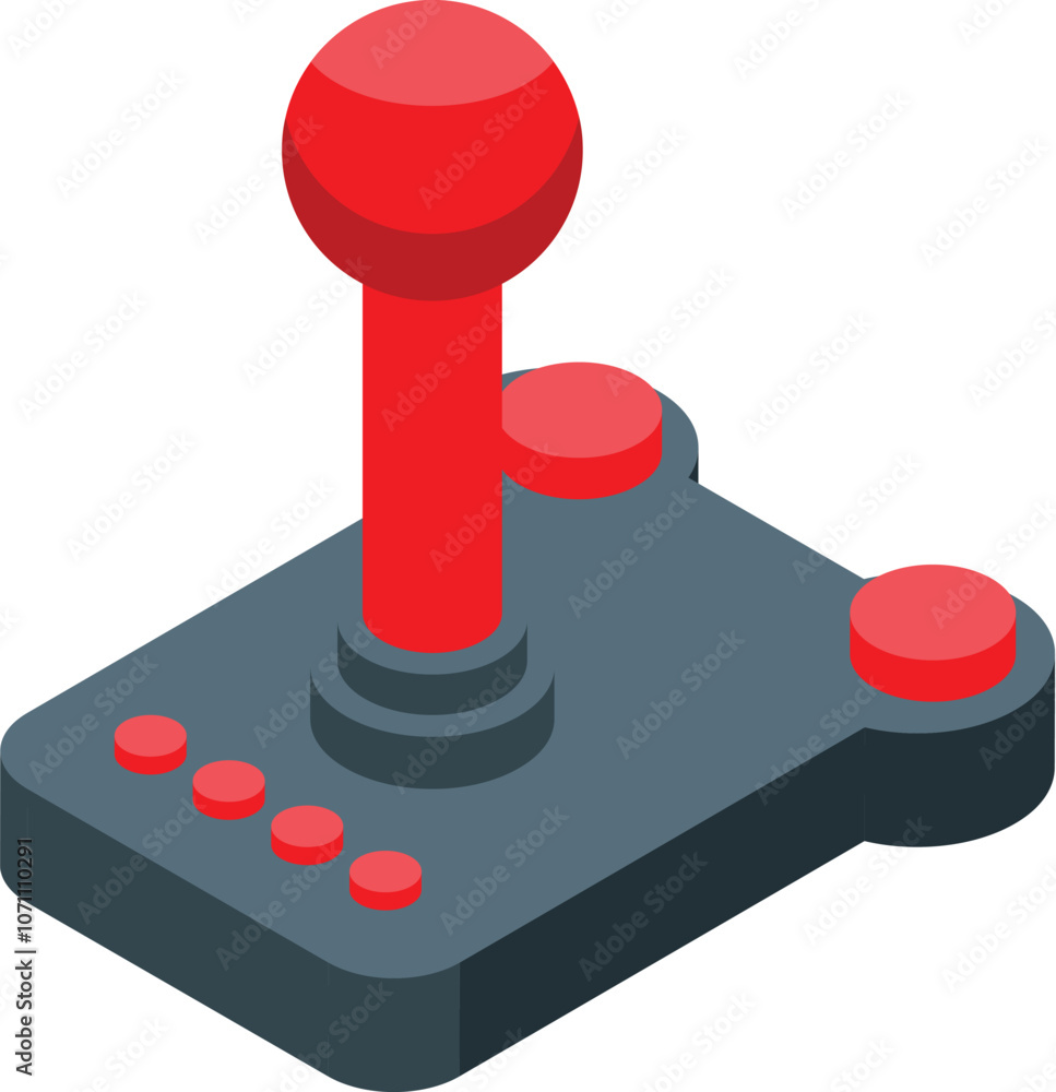 Poster isometric view of a retro joystick with red buttons and a gray base, evoking nostalgia for classic v