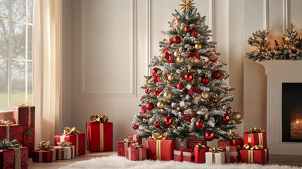 Decorated Christmas Tree with Gifts  Fireplace  and Snow Flocked Branches