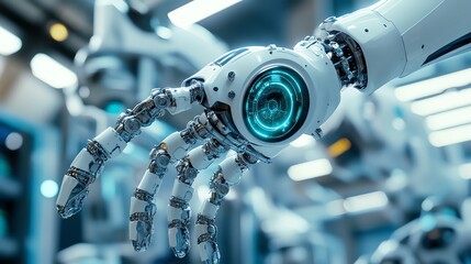 Fototapeta premium Close-up of a robotic hand with glowing blue light, showcasing advanced technology in an industrial setting.