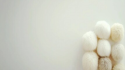   A stack of snow-white pom poms dangles from a white wall beside a pristine white backdrop