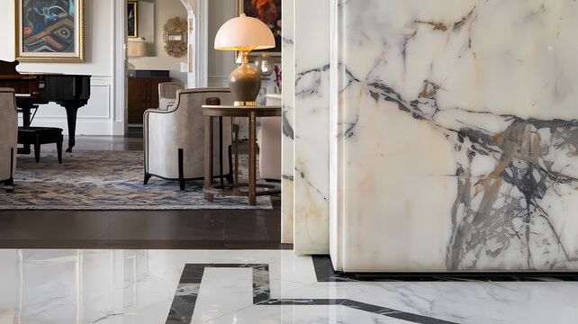 Luxurious hotel lobby featuring elegant marble pillars, stylish seating, and a decorative lamp, creating a sophisticated and inviting atmosphere. Ideal for upscale travel and interior design.