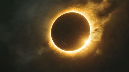 Obraz premium A solar eclipse with the moon covering the sun, leaving a ring of light visible through the clouds.