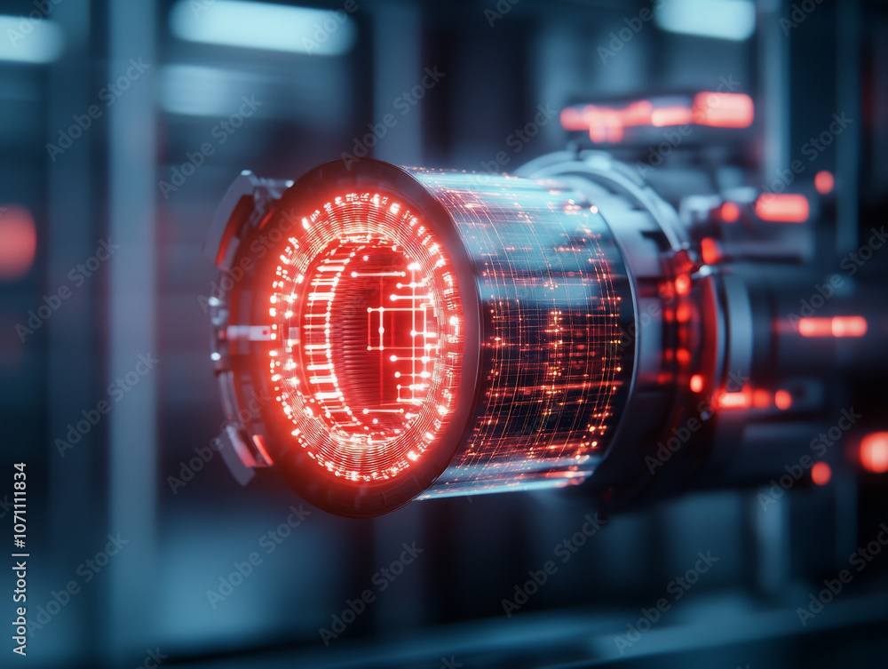 Poster advanced holographic technology showcases voltage core ion dispersion grid, featuring intricate red 