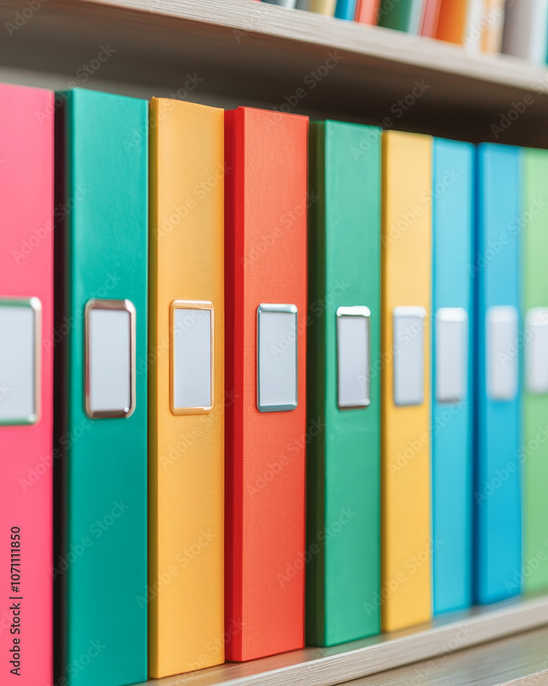 Poster organized and colorful folders neatly arranged on shelf create vibrant workspace atmosphere, enhanci