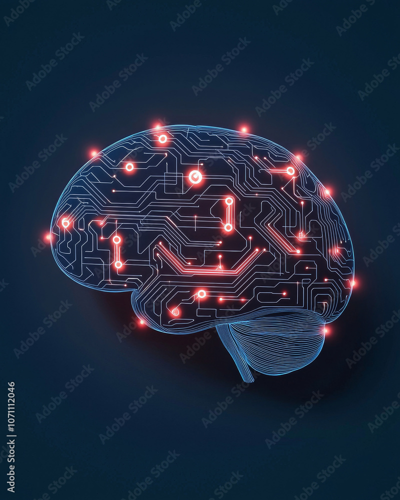 Aufkleber abstract human brain is depicted with digital circuits and glowing elements, symbolizing advanced te