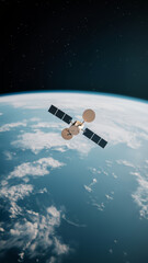 A satellite in orbit over Earth symbolizes advancement of technology and exploration. Its solar panels reflect vastness of space, showcasing human ingenuity and curiosity
