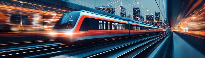 A futuristic train speeding through hyper connected cityscape, showcasing vibrant lights and dynamic motion. scene captures essence of modern transportation and urban life