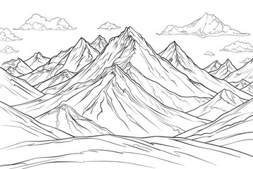 Coloring book illustration of majestic snow covered mountain peaks under a partly cloudy sky