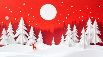 Papercraft Winter Wonderland with Red Reindeer and Snowy Forest