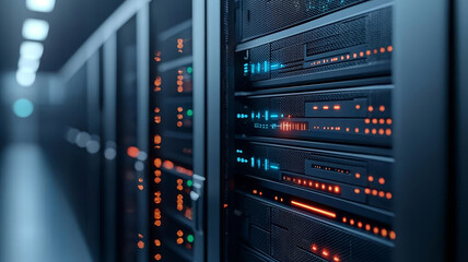 Naklejka premium High tech server room with advanced firewall systems and encrypted cloud data. illuminated servers showcase modern design, emphasizing security and efficiency in data management