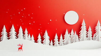 Red Christmas Background with Paper Cutout Winter Forest and Reindeer