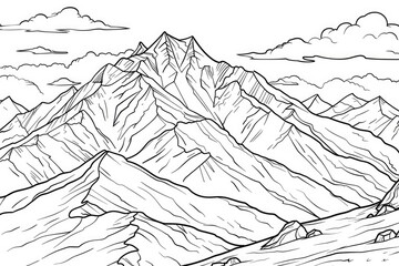 Coloring book illustration of majestic snow covered mountain peaks under a partly cloudy sky