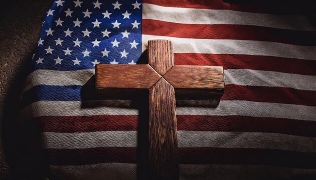 Faith and Patriotism: American Flag with Wooden Cross