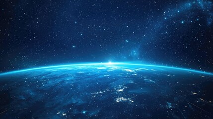 Fototapeta premium A stunning view of Earth from space, with the sun rising over the horizon and illuminating the planet's surface.