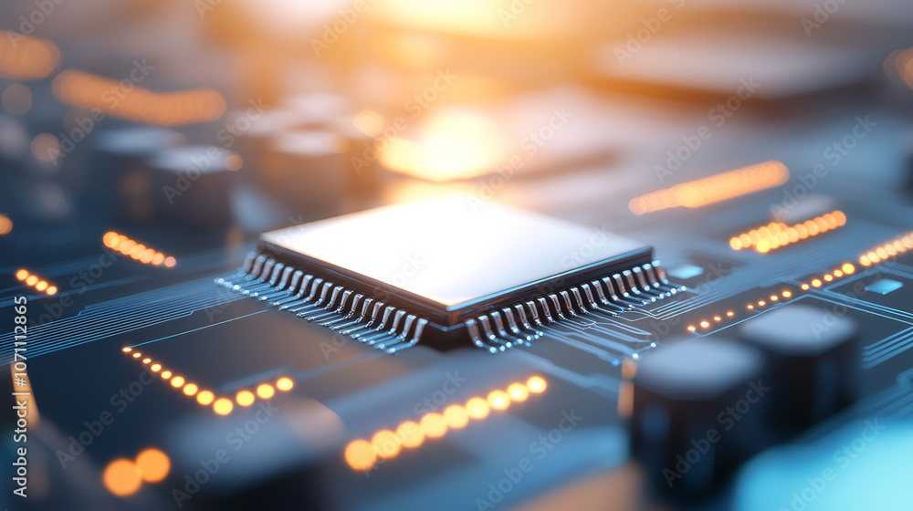 Poster a close up view of futuristic microchip on circuit board, showcasing intricate details and glowing e