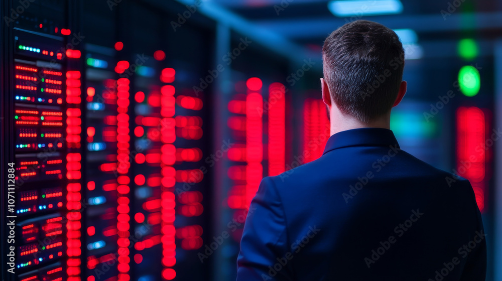 Poster a person stands in front of complex network of circuits and servers, illuminated by vibrant red ligh