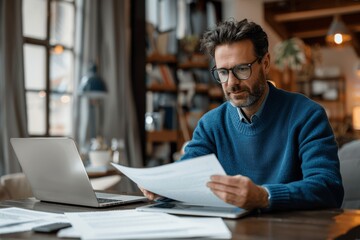 Fototapeta premium Happy businessman reading documents while working on laptop at home office