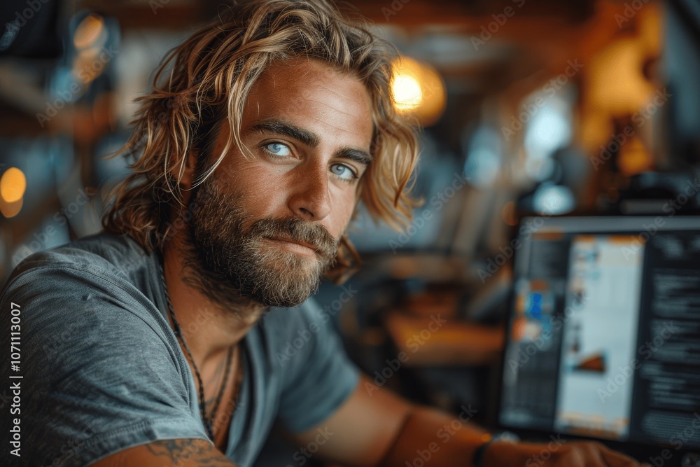 Aufkleber man with long hair and beard working on a project at his desk in front of a computer
