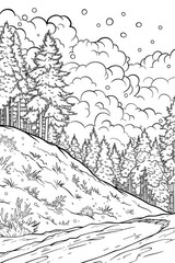 Obraz premium Coloring book illustration of a snowy forest hill under a cloudy sky showcasing natural beauty