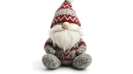 Cute Christmas Gnome Ornament with Red and Grey Knit Hat and Sweater