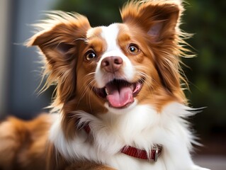  A happy dog with large ears and expressive eyes looks directly at the camera, radiating friendliness. Its fluffy fur and bright smile make the portrait especially appealing.
