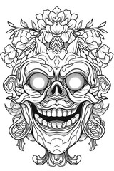 Coloring book illustration of a traditional festival mask from a ghost celebration