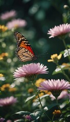 Naklejka premium A group of striking butterflies dances gracefully around blooming flowers in a colorful garden. The bright blossoms create a lively atmosphere under the warm sunlight. Generative AI