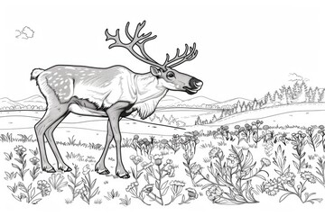 Coloring book illustration of a young caribou reindeer in a meadow
