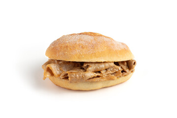 High-quality image of a traditional Portuguese bifana sandwich isolated on a white background. This iconic street food features marinated pork in a soft bread roll, highlighting Portugal's rich