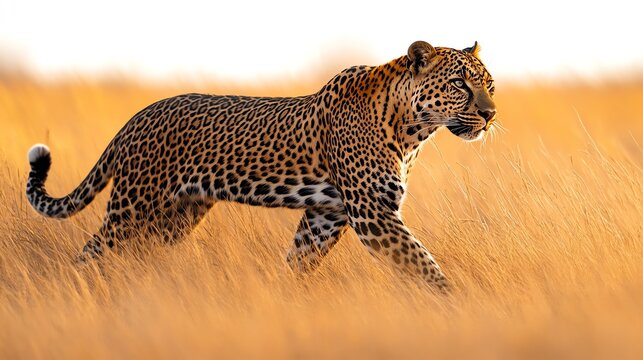 A leopard walks through tall grass in a savanna during golden hour, its spotted fur camouflaged against the background.