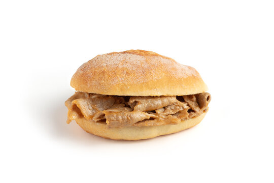 High-quality image of a traditional Portuguese bifana sandwich isolated on a white background. This iconic street food features marinated pork in a soft bread roll, highlighting Portugal's rich