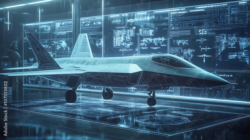 Poster 3d holographic display of futuristic military aircraft in a digital lab