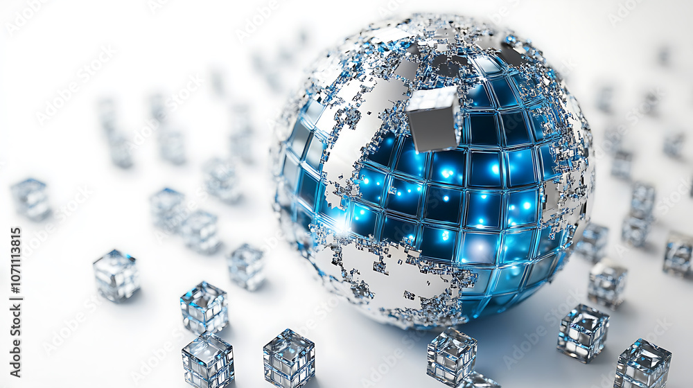 Poster a blue and silver digital globe on a white background, surrounded by many small cube icons represent