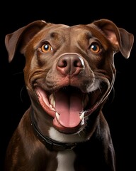  A happy dog with large ears and expressive eyes looks directly at the camera, radiating friendliness. Its fluffy fur and bright smile make the portrait especially appealing.
